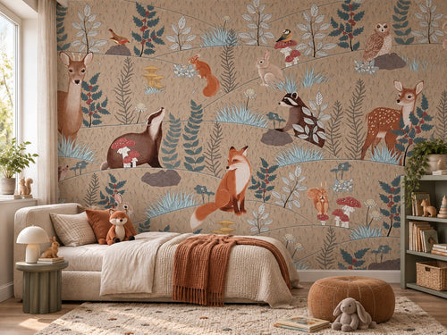 Papier peint animaux de la forêt posé dans une chambre d'enfant