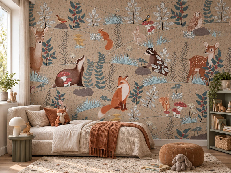 Papier peint animaux de la forêt posé dans une chambre d'enfant