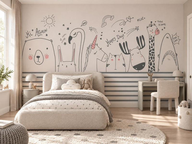 Papier peint animaux et rayures posé dans une chambre d'enfant
