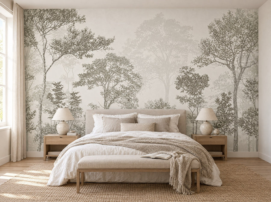 Papier peint arbres au crayon posé dans une chambre