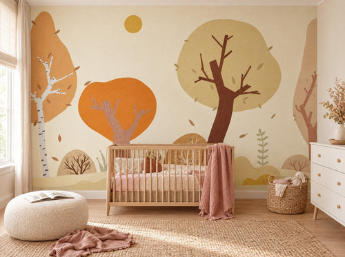 Papier peint arbres d'automne posé dans une chambre de bébé