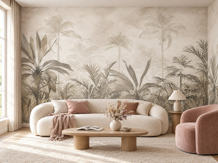 Papier peint arbres en transparence posé dans un salon