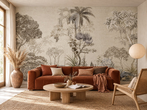 Papier peint arbres gravés posé dans un salon