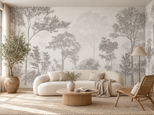 Papier peint arbres gris perle posé dans un salon