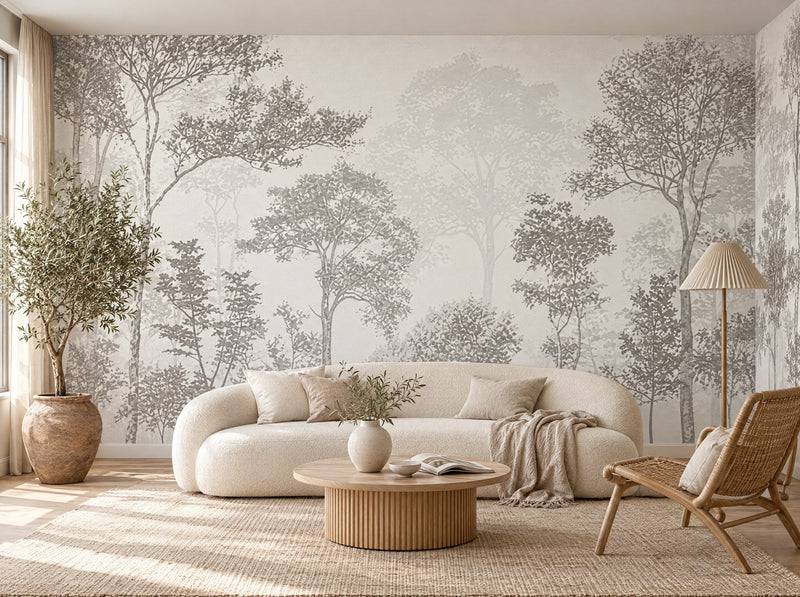 Papier peint arbres gris perle posé dans un salon