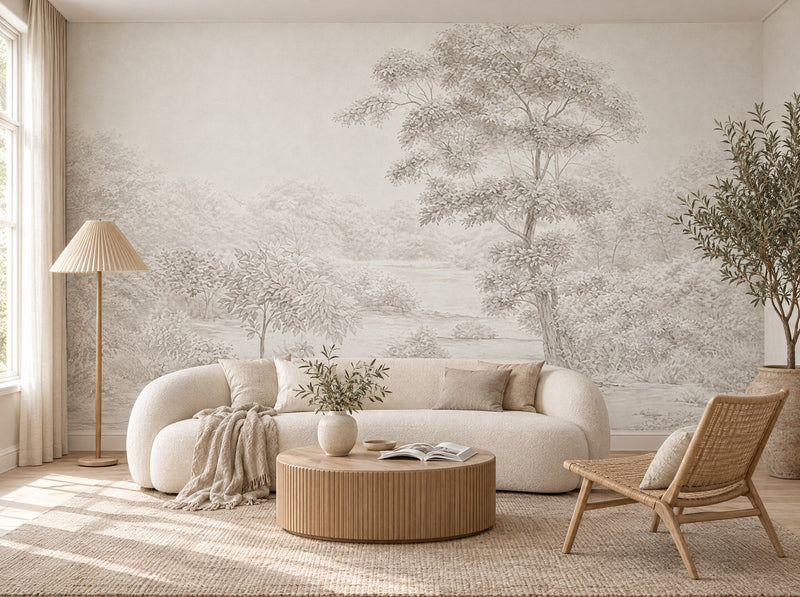 Papier peint arbres légers posé dans un salon