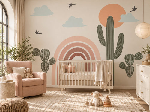Papier peint arc-en-ciel et cactus posé dans une chambre de bébé