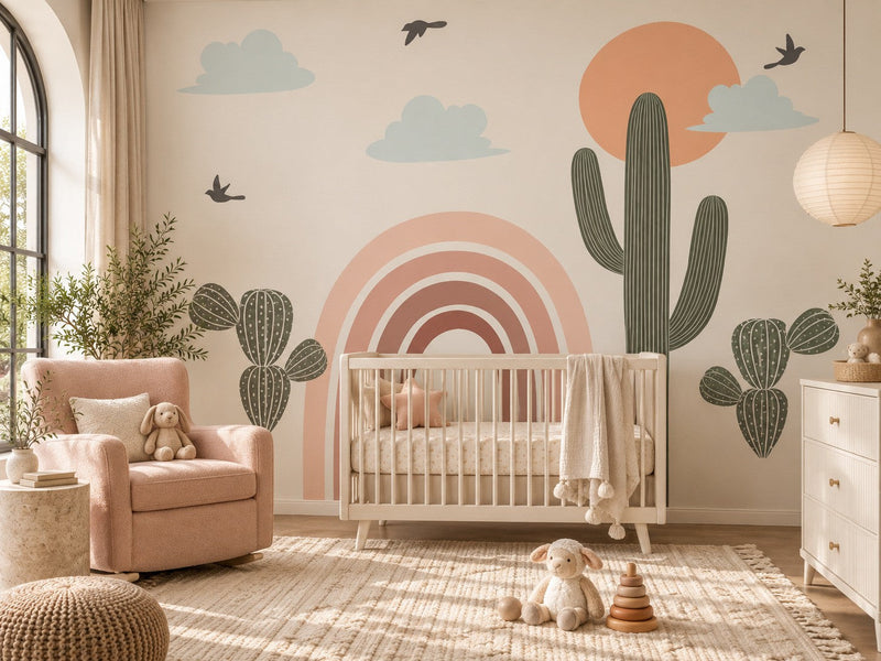 Papier peint arc-en-ciel et cactus posé dans une chambre de bébé