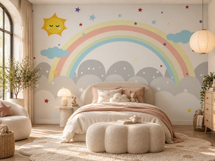 Papier peint arc-en-ciel et nuages posé dans une chambre d'enfant