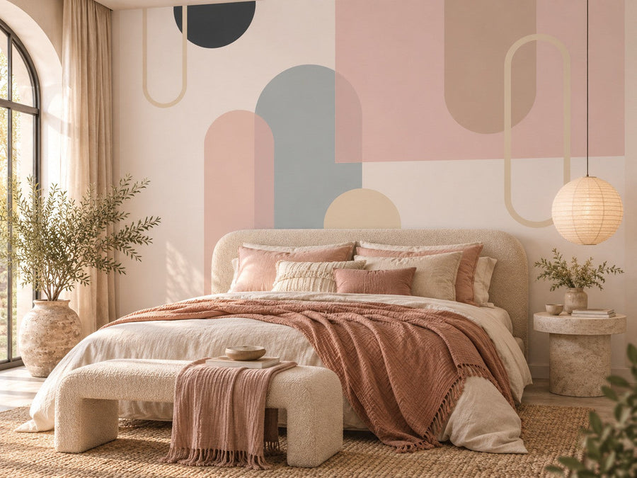 Papier peint arches bohème rose posé dans une chambre