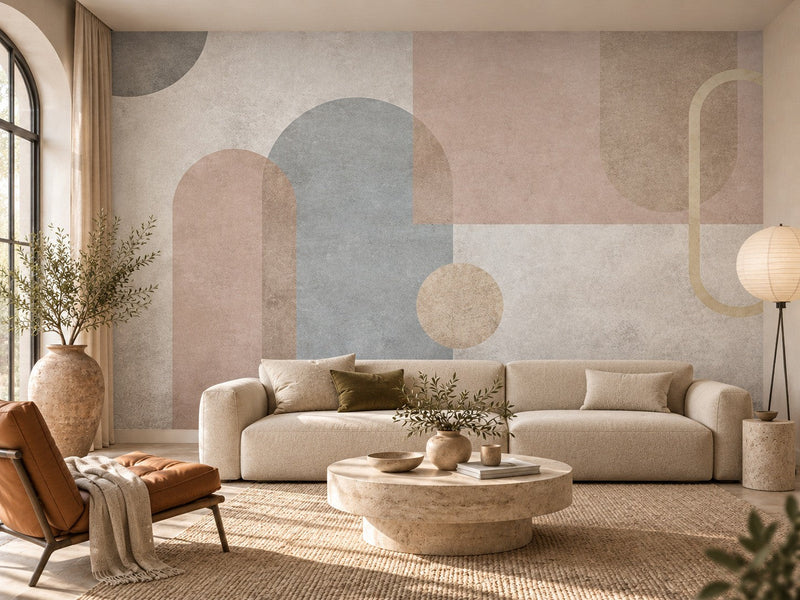 Papier peint arches grège posé dans un salon