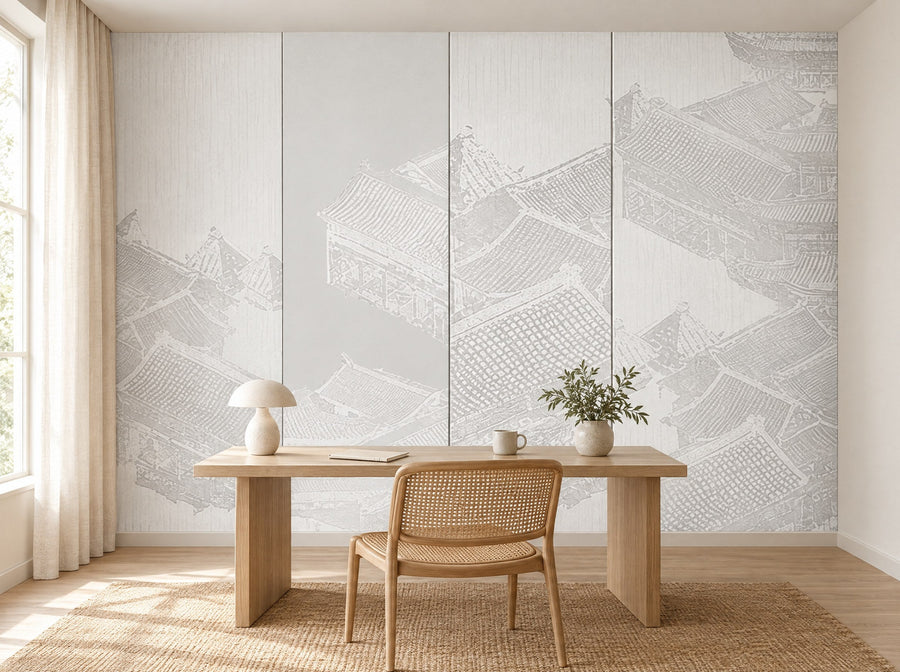 Papier peint arches grises posé dans un bureau