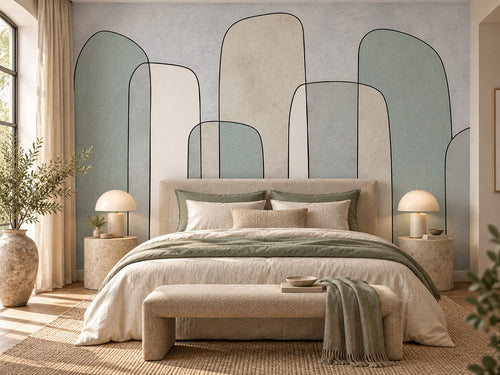 Papier peint arches sauge posé dans une chambre