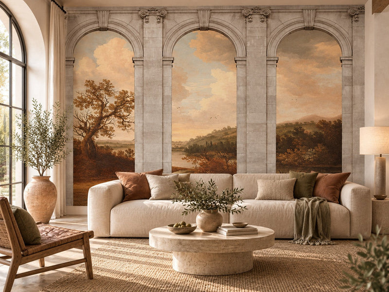 Papier peint arches sur la campagne posé dans un salon