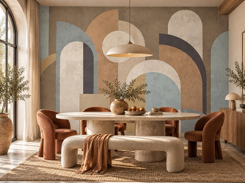 Papier peint arches terracotta posé dans une salle à manger