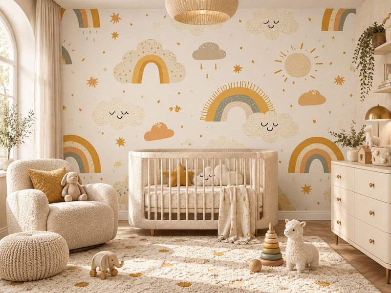 Papier peint arcs-en-ciel dorés posé dans une chambre de bébé