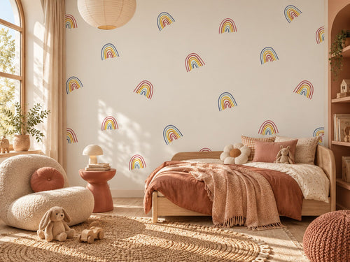 Papier peint arcs-en-ciel terracotta posé dans une chambre d'enfant