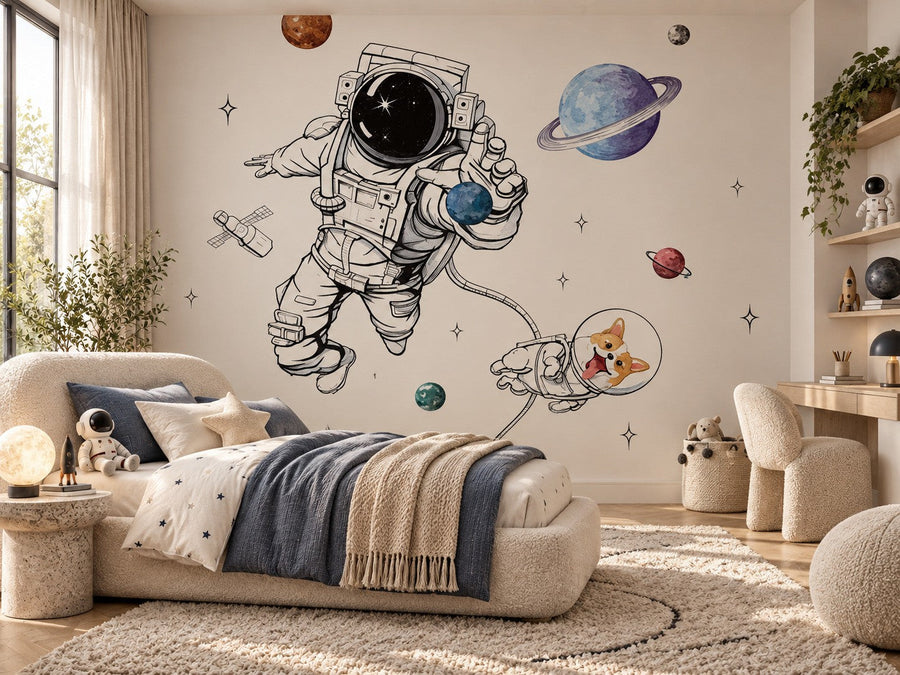 Papier peint astronaute en apesanteur posé dans une chambre d'enfant
