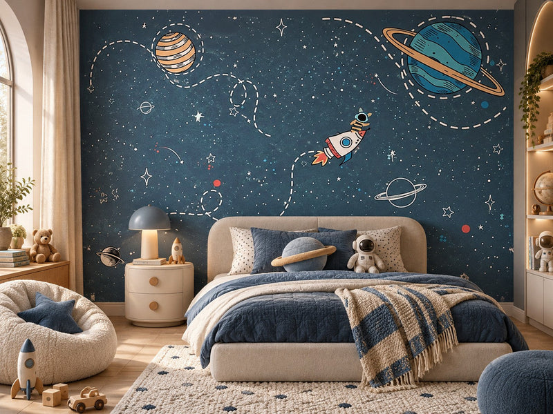 Papier peint astronaute en orbite posé dans une chambre d'enfant