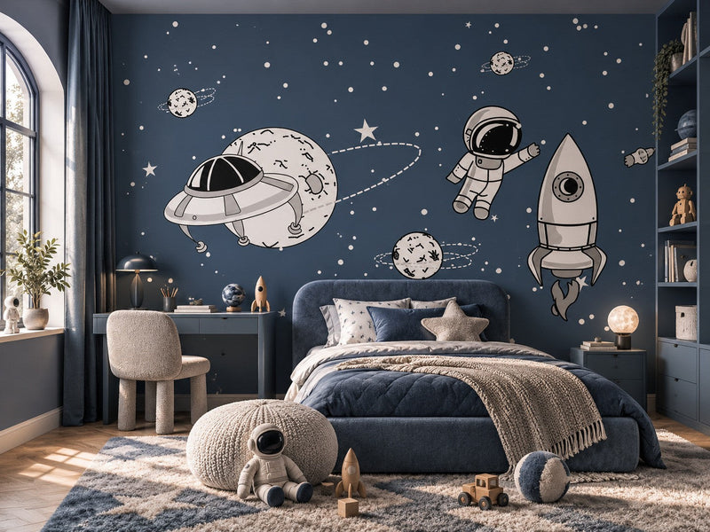 Papier peint astronaute et fusée ardoise posé dans une chambre d'enfant