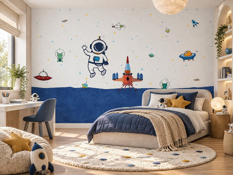 Papier peint astronaute et fusée posé dans une chambre d'enfant