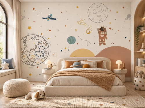 Papier peint astronaute et lune au trait posé dans une chambre d'enfant