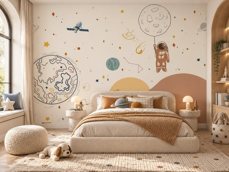 Papier peint astronaute et lune au trait posé dans une chambre d'enfant