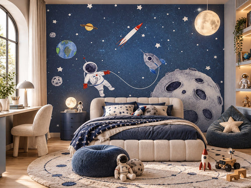 Papier peint astronaute et lune bleue posé dans une chambre d'enfant