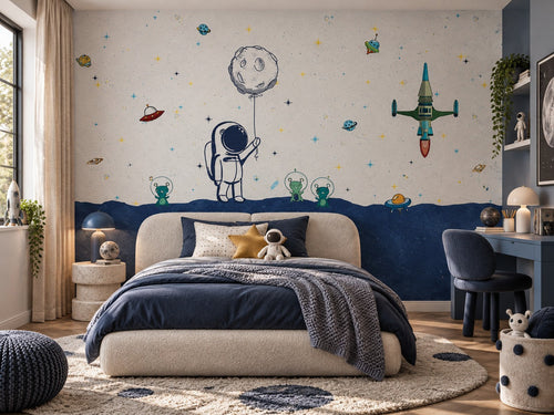 Papier peint astronaute et navettes posé dans une chambre d'enfant