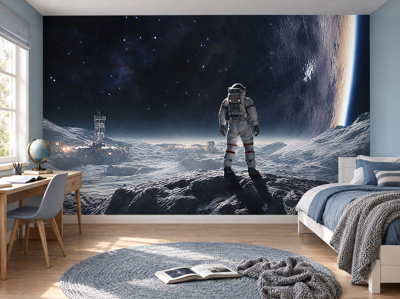 Papier peint astronaute face à la planète posé dans une chambre d'enfant