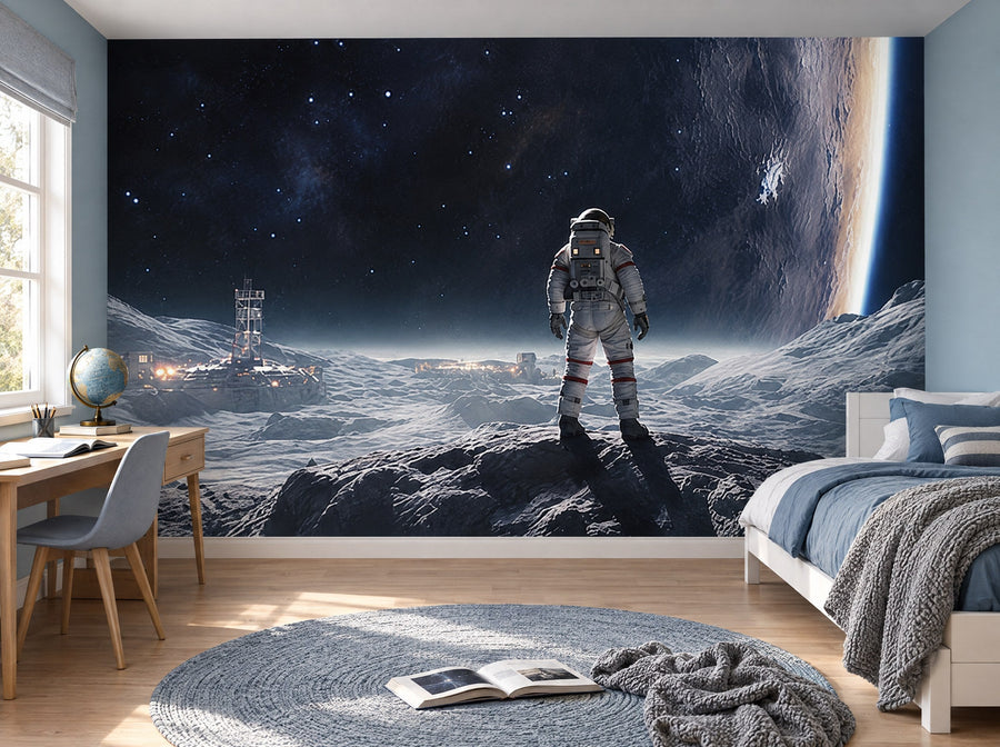Papier peint astronaute face à la planète posé dans une chambre d'enfant