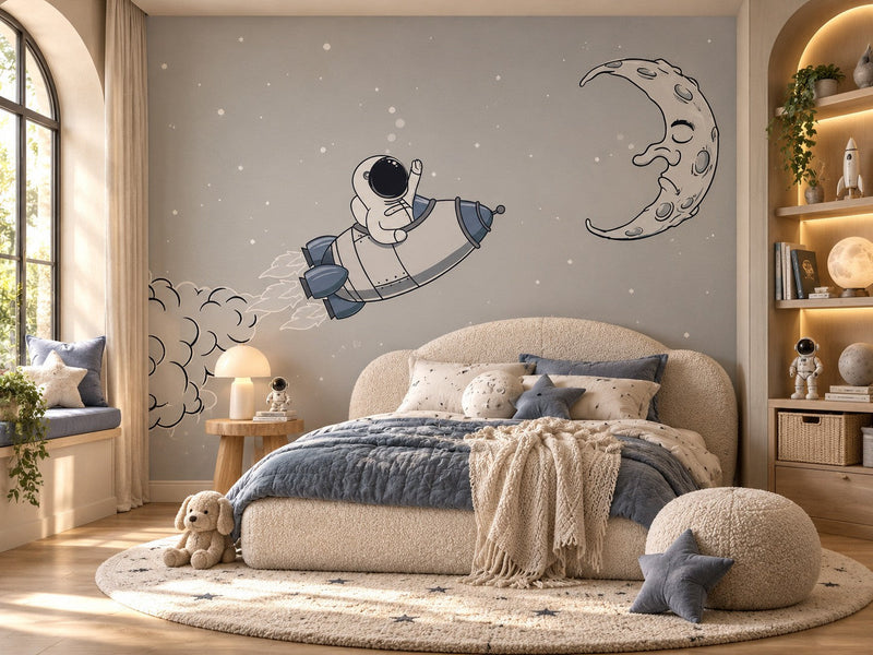 Papier peint astronaute rêveur posé dans une chambre d'enfant