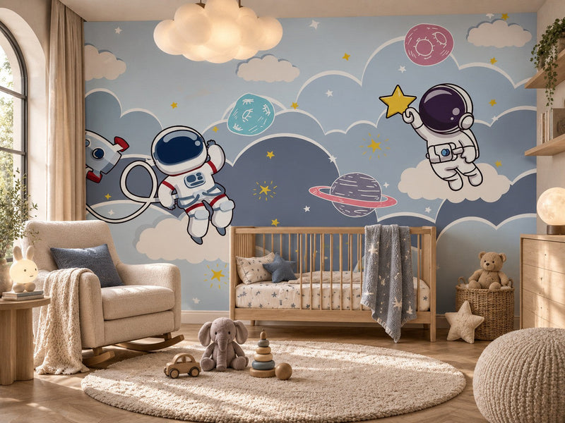 Papier peint astronaute sur un nuage posé dans une chambre de bébé