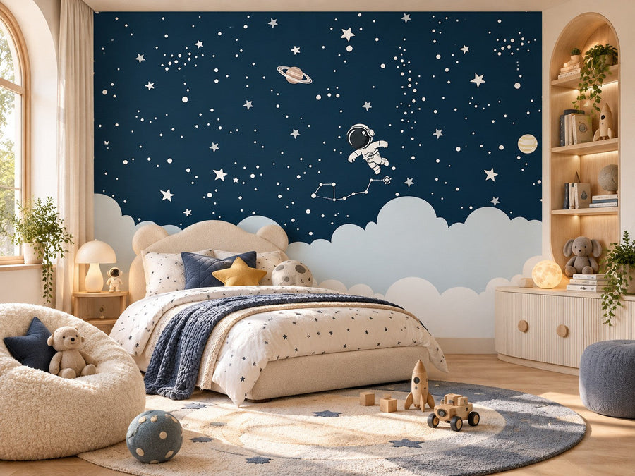 Papier peint astronautes au-dessus des nuages posé dans une chambre d'enfant