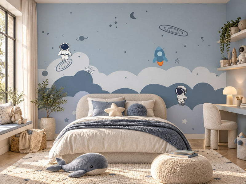 Papier peint astronautes dans les nuages posé dans une chambre d'enfant