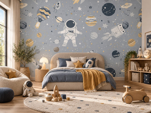 Papier peint astronautes en balade posé dans une chambre d'enfant
