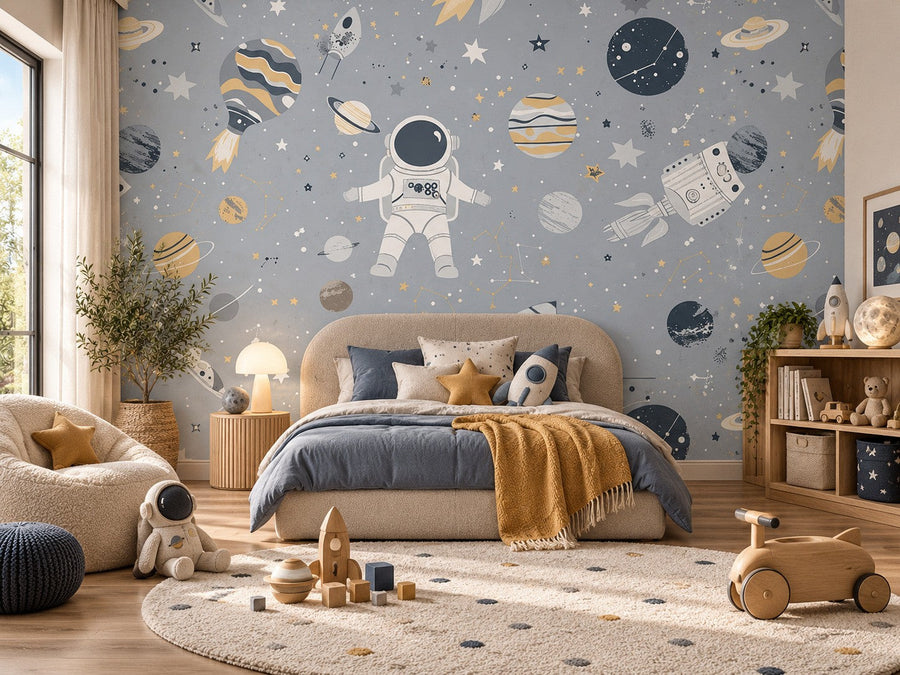 Papier peint astronautes en balade posé dans une chambre d'enfant