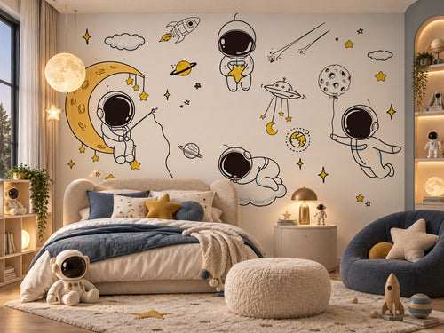 Papier peint astronautes et lune dorée posé dans une chambre d'enfant