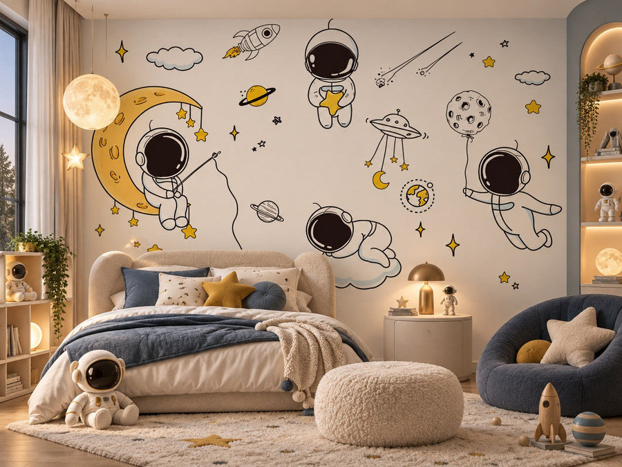 Papier peint astronautes et lune dorée posé dans une chambre d'enfant