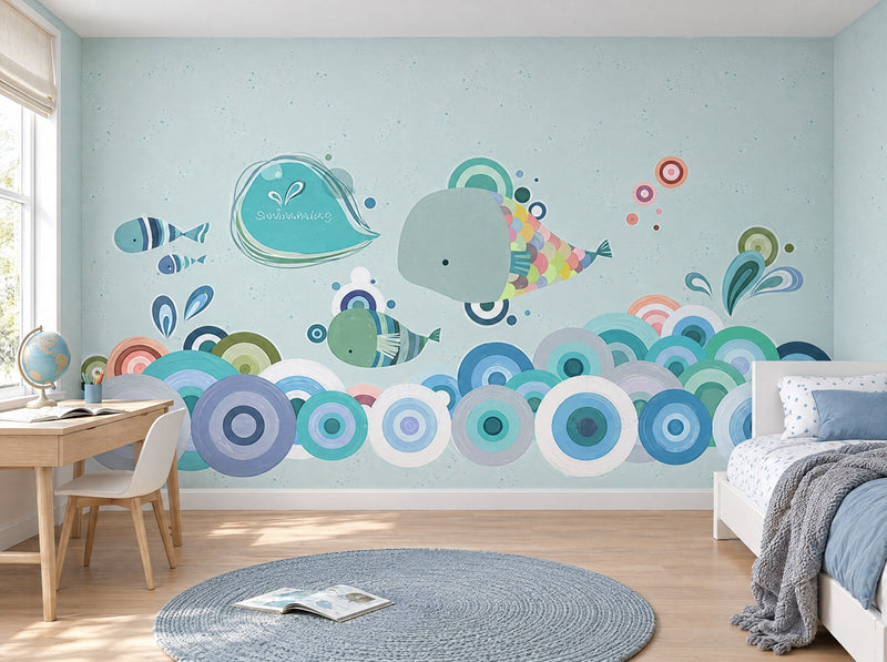 Papier peint baleine et vagues posé dans une chambre d'enfant