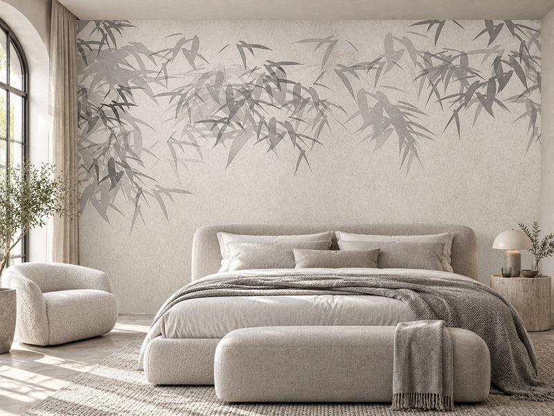 Papier peint bambous gris clair posé dans une chambre