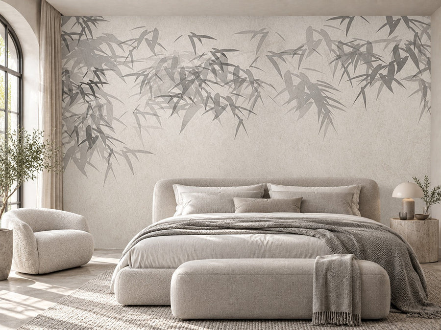 Papier peint bambous gris clair posé dans une chambre