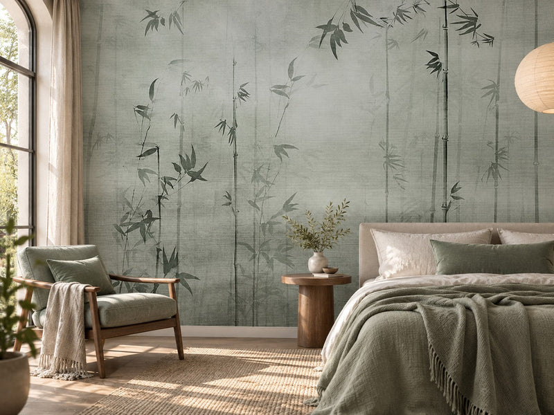 Papier peint bambous vert de gris posé dans une chambre