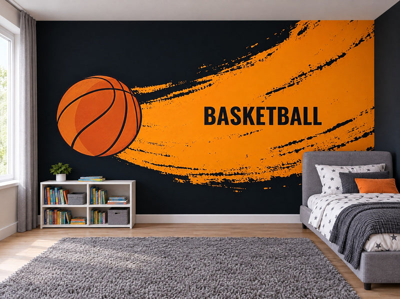 Papier peint basket orange posé dans une chambre d'enfant