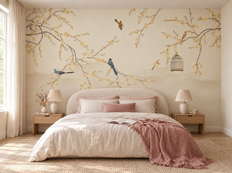 Papier peint branches et cage dorée posé dans une chambre