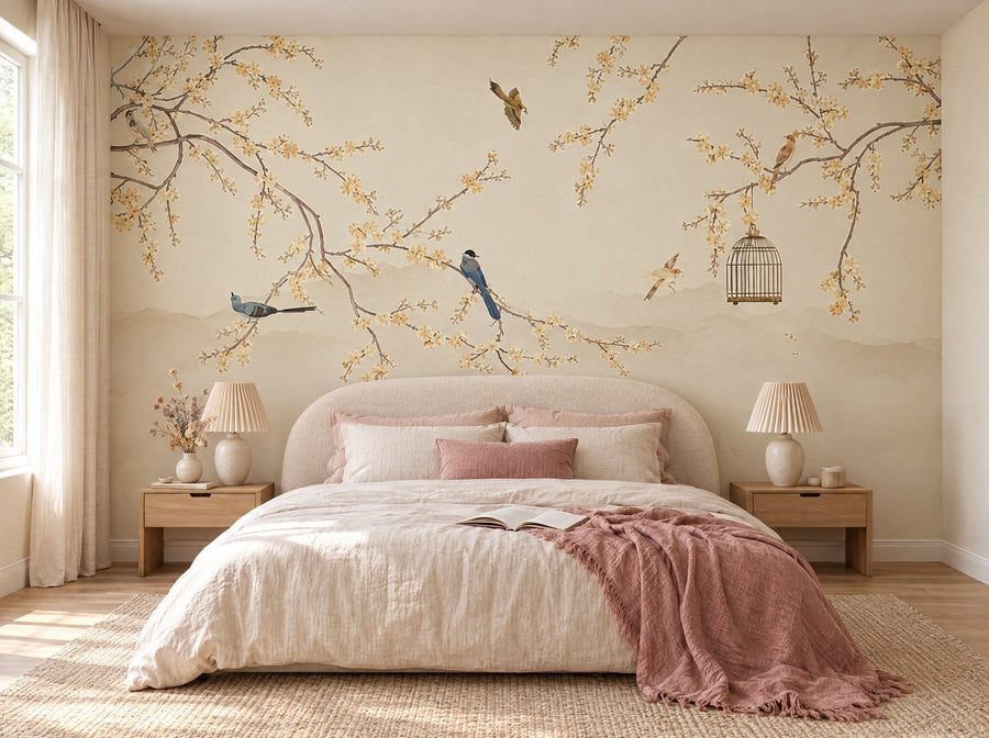 Papier peint branches et cage dorée posé dans une chambre