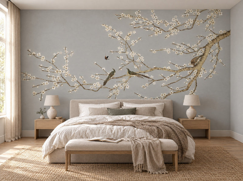 Papier peint branches fleuries gris perle posé dans une chambre
