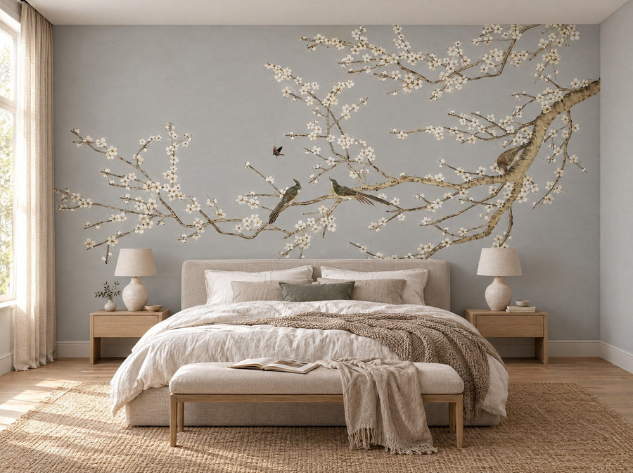 Papier peint branches fleuries gris perle posé dans une chambre