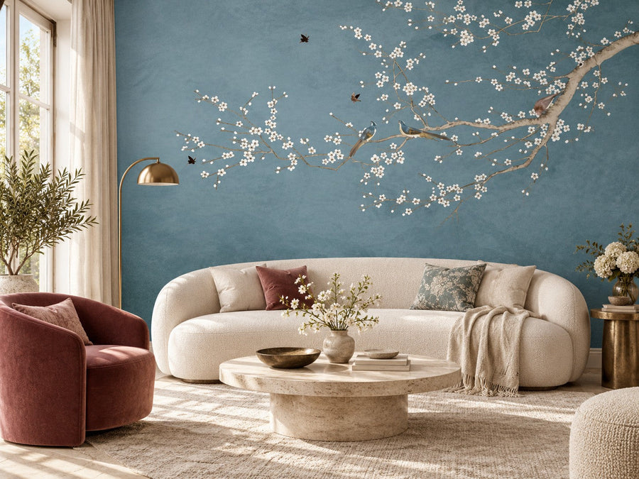 Papier peint branches fleuries sur bleu posé dans un salon