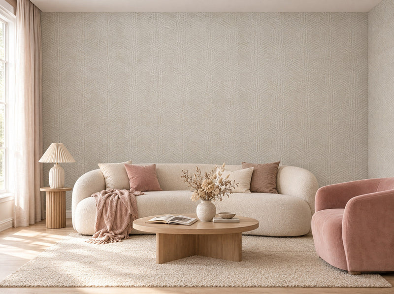 Papier peint brume beige posé dans un salon